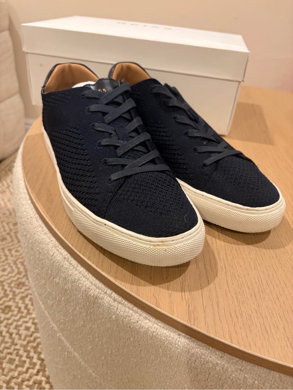 Reiss Men's Navy Knit Low-Top Sneakers with Cream Sole